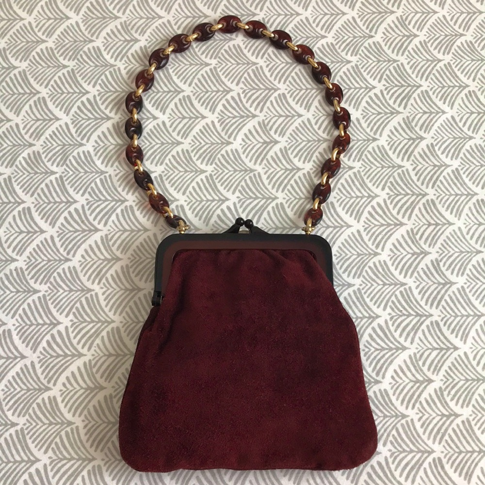 Vintage Italian 1930’s soft suede bag w/ tortoise shell plastic frame and chain